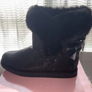 Juicy Couture Black Sequin Boots with Fur Trim